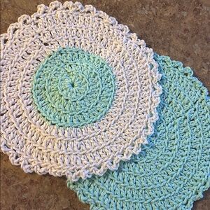 2 Handmade Crochet dish cloths - mint, green and off-white